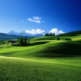 Green Fields, Mountains and Blue Sky