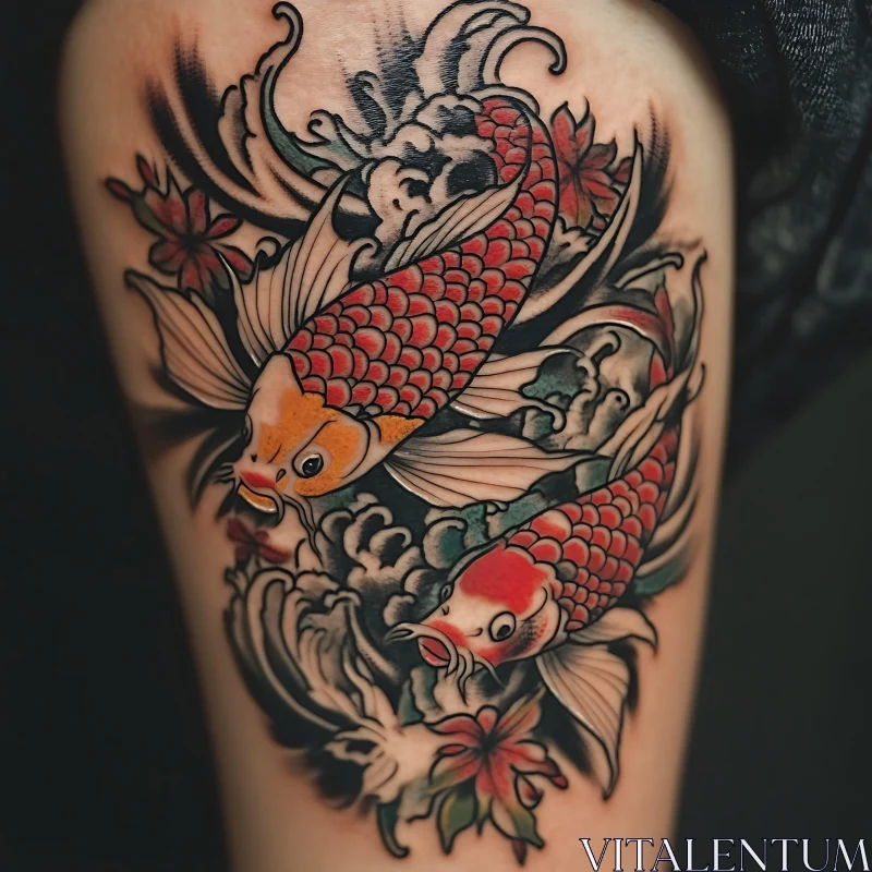 Colorful Koi Fish Tattoo with Floral and Wave Elements AI Image