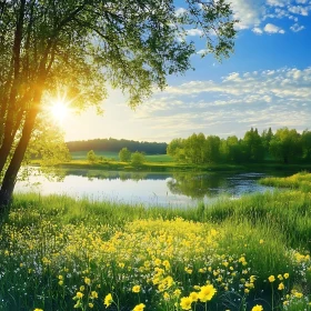 Tranquil Lakeside Scene with Sunny Wildflowers