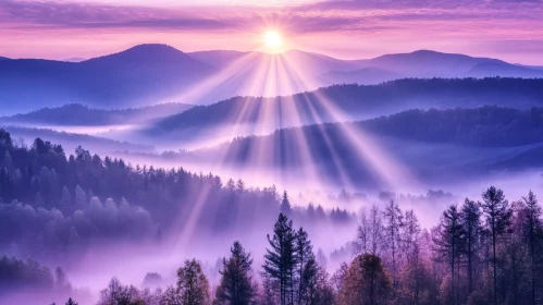 Sunlit Misty Forest and Mountains at Dawn