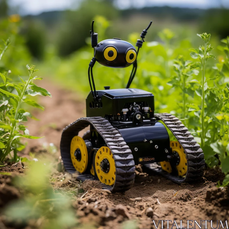 Eco-Friendly Toy Robot in Field - Harmony of Craftsmanship and Nature AI Image