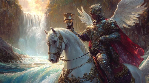 Angel Knight with Horse Near Waterfall