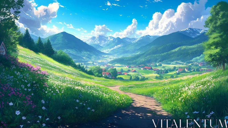 AI ART Scenic Valley View with Flower Meadow