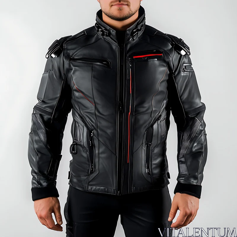 Modern Mens Leather Jacket with Red Trim AI Image