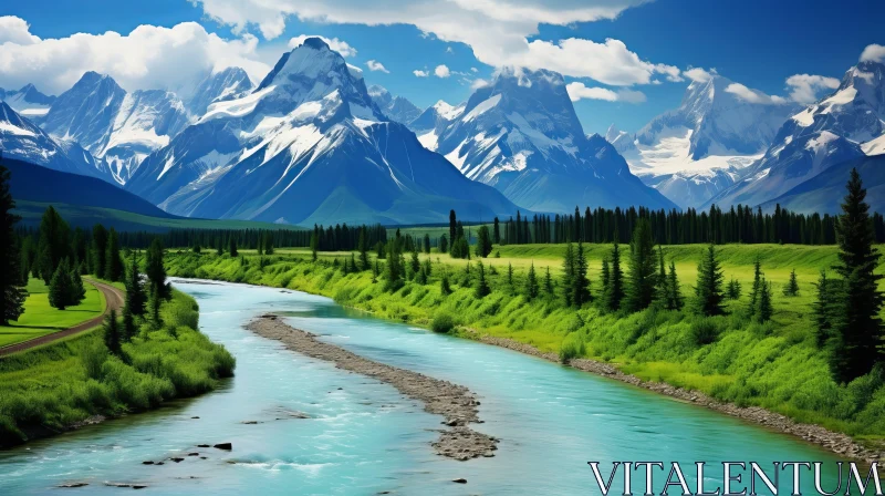 AI ART Majestic River and Mountain Scenery in Emerald and Blue