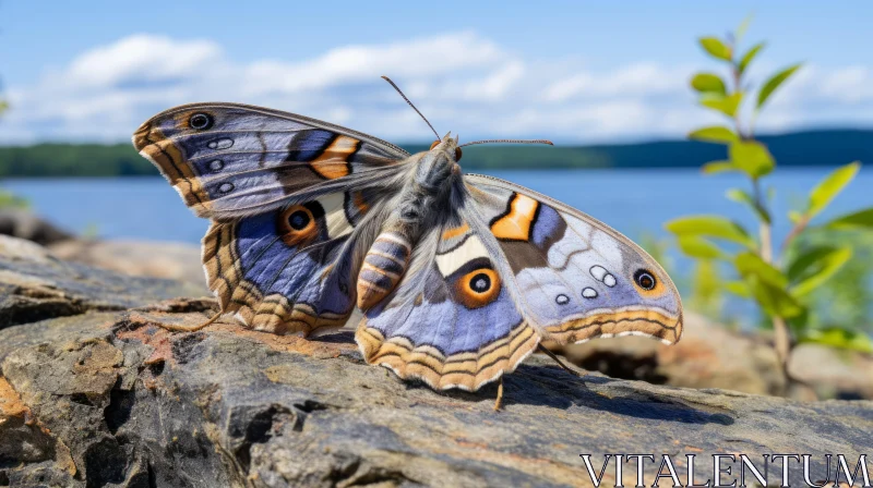 Mesmerizing Wildlife: Silver and Blue Butterfly by a Lake AI Image