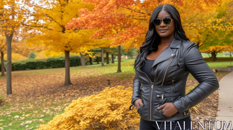 Stylish African-American Woman in Park with Fall Foliage AI Image