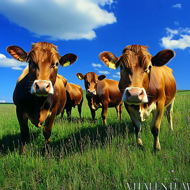 Cattle in Meadow Under Blue Sky AI Image