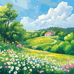 Idyllic Countryside Landscape with Flower Meadow