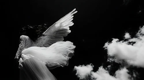 Monochrome Angel with Wings in the Sky