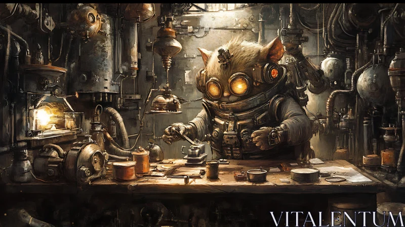 AI ART Mechanical Feline Inventor's Lair