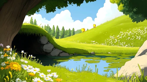 Green Meadow and Pond Cartoon Illustration