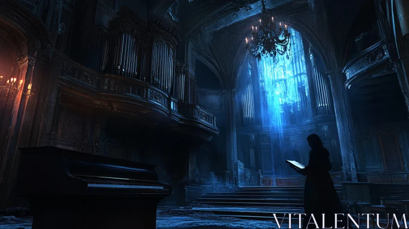 Ethereal Gothic Church with Piano and Figure AI Image