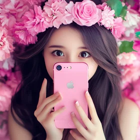 Woman with Flowers and Pink Phone