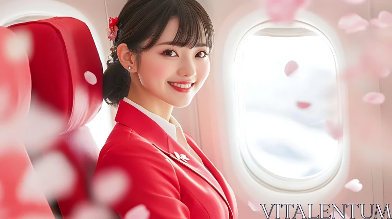 Woman in red suit on airplane AI Image