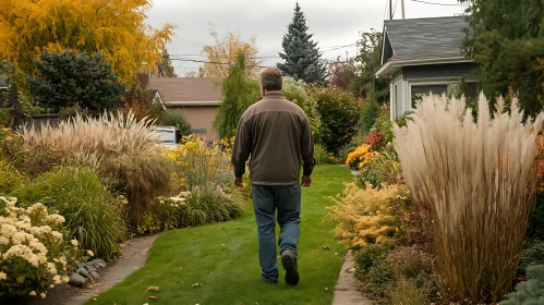 Man Walking in Autumn Garden