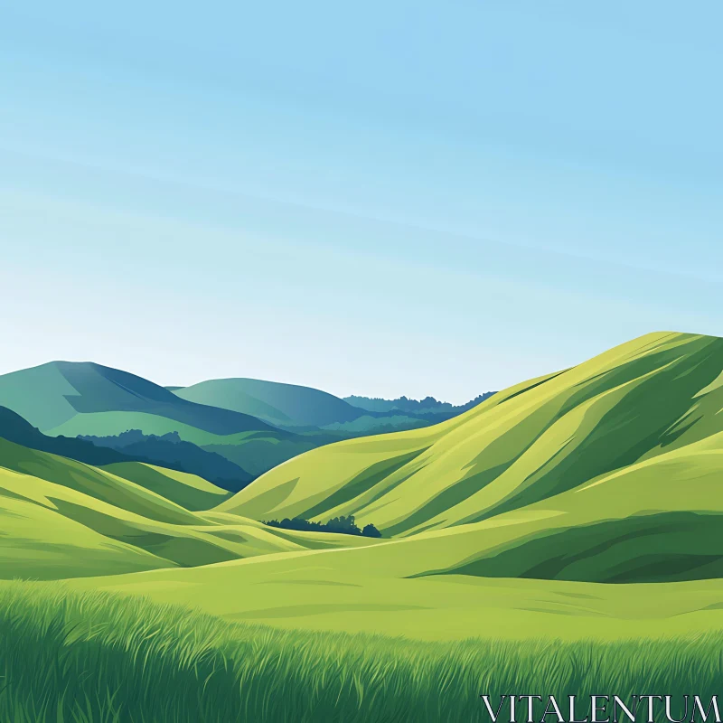 Peaceful Green Hills Under Blue Sky AI Image