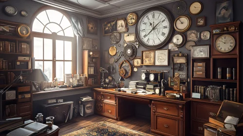 Antique Room Filled with Clocks and Books