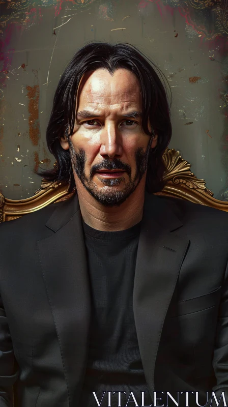 Keanu Reeves Seated in an Ornate Chair AI Image