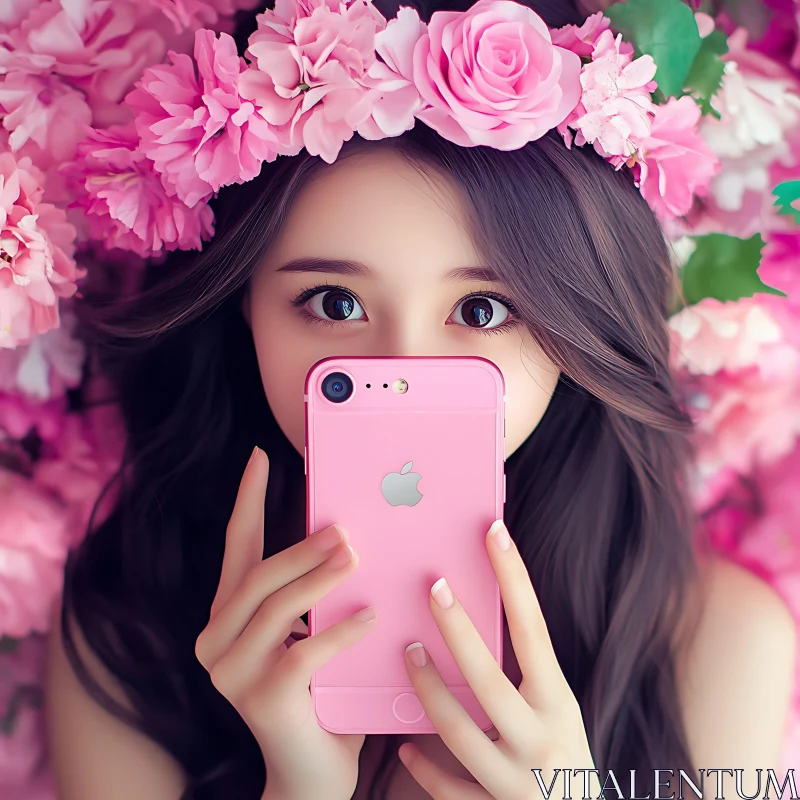 Woman with Flowers and Pink Phone AI Image