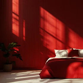 Crimson Room with Plant and Bed