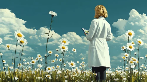 Woman in White Coat Amidst Daisies