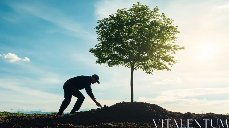 Silhouette of a Person Planting a Tree AI Image