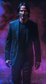 Keanu Reeves in Dark Suit Surrounded by Smoke