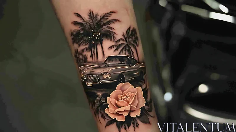 Classic Car and Palm Tree Tattoo with Rose AI Image