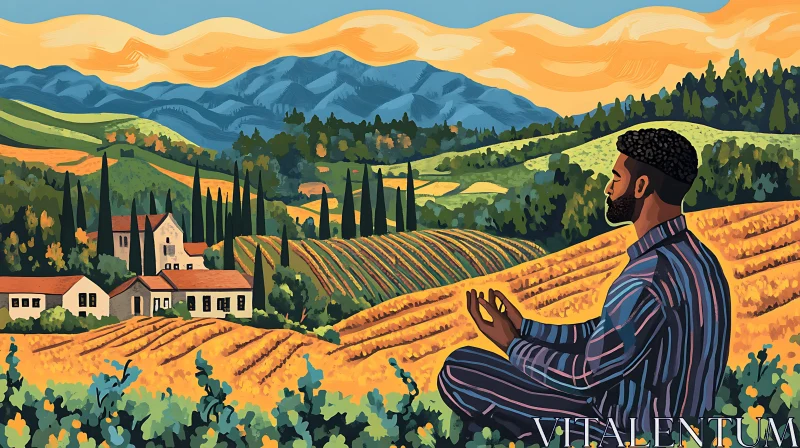 Man Meditating in Vineyard AI Image