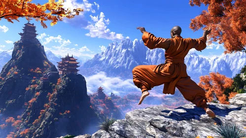 Monk's Leap of Faith in the Mountains