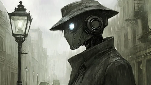 Steampunk Robot in a Rainy City