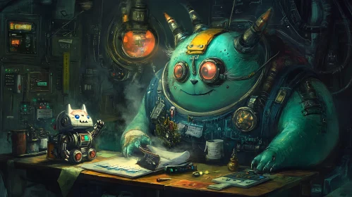 Steampunk Robot and Cat Companion