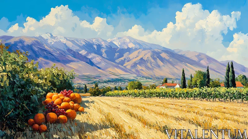 AI ART Mountain View Vineyard with Fruit Still Life