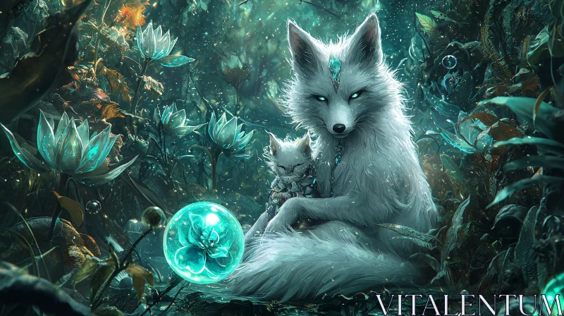 Mystical Fox and Cub with Glowing Flowers AI Image