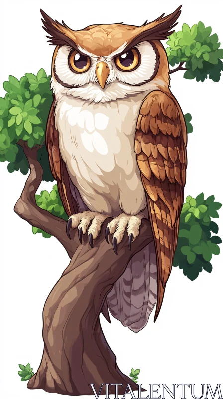 Owl on Branch Illustration AI Image