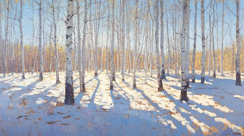 Winter Birch Woods with Snow and Sunlight