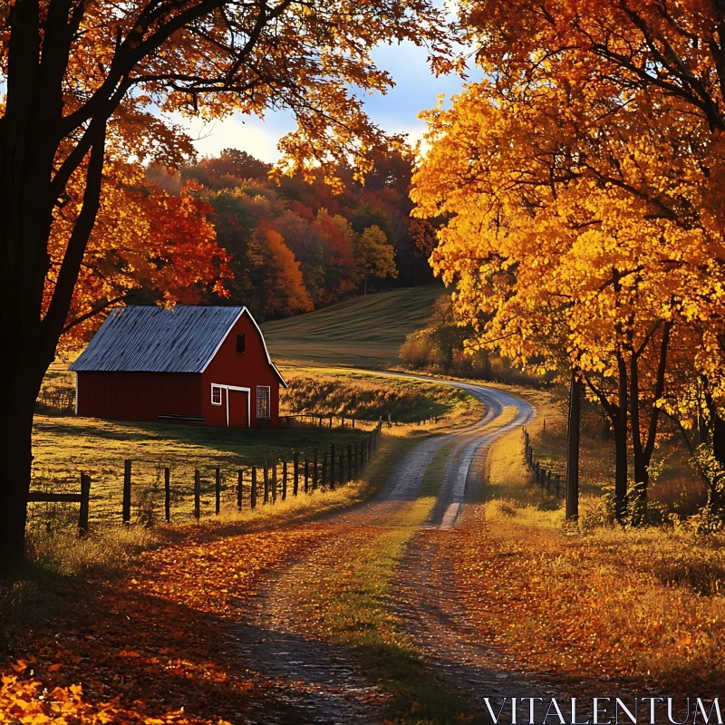 Fall Colors Country Road with Red Barn AI Image