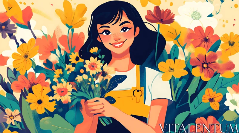 Smiling Woman with Colorful Flower Bouquet AI Image