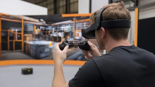 Man Using Virtual Reality Headset in Industrial Setting