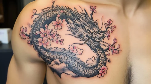 Intricate Dragon and Cherry Blossom Tattoo Design