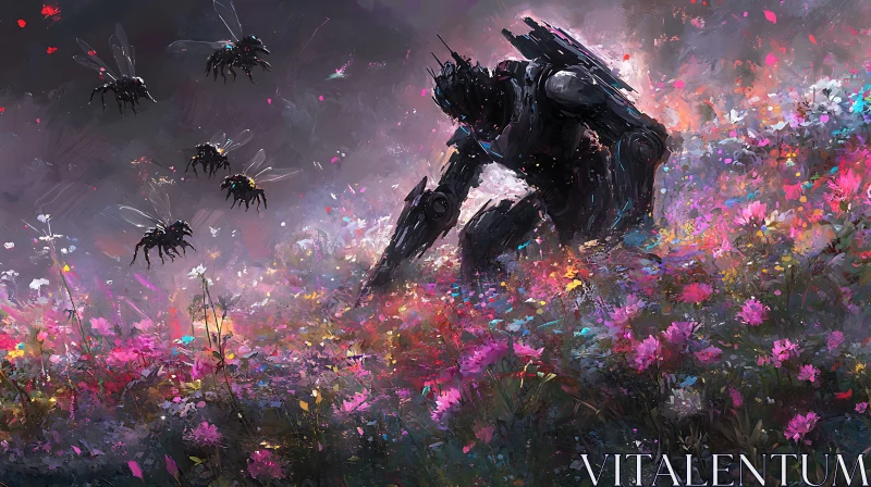 Mechanical Being in Flower Meadow AI Image