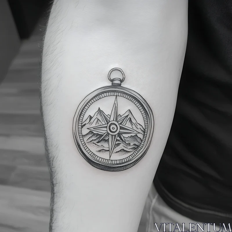 Mountain Compass Tattoo in Black and White AI Image