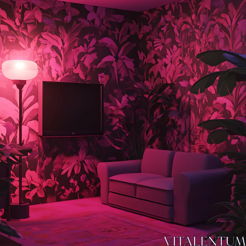 Neon Interior with Plants and Couch AI Image