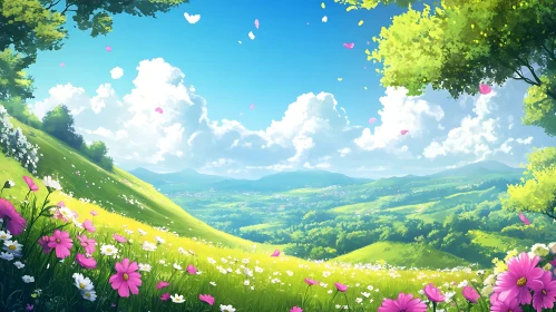 Picturesque Flower Field with Rolling Hills