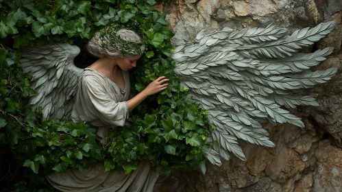 Ivy-Clad Angel Statue: A Tranquil Scene