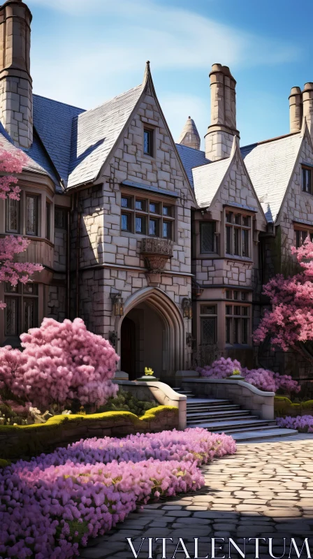 Enchanting Stone House with Pink Flowers - Unreal Engine Architectural Render AI Image