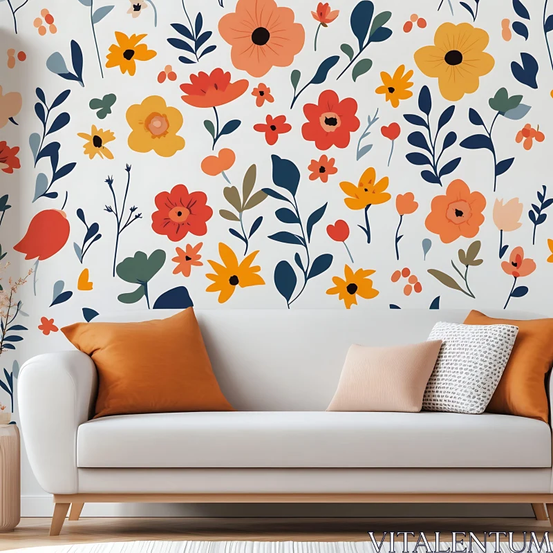 Stylish Living Room with Floral Design AI Image