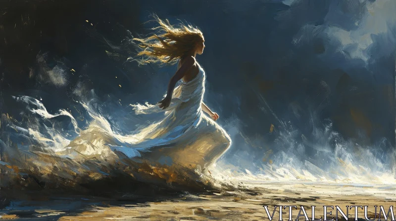 Graceful Woman Running Through a Golden Wheat Field AI Image