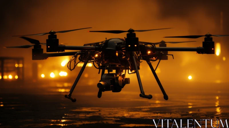 Night Flight: Drone Ascending Over Industrial Landscape AI Image